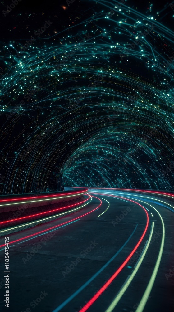 Poster futuristic highway tunnel glowing lines abstract speed digital data stream innovation