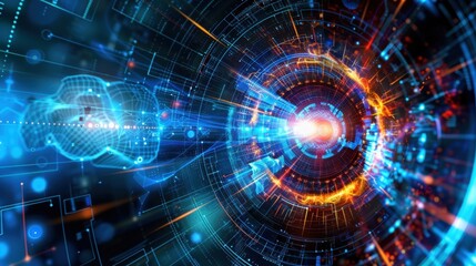 Obraz premium Futuristic digital tunnel with vibrant blue and orange lights, representing technology and innovation, creating sense of depth and motion