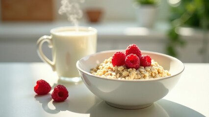 A delightful breakfast scene featuring a bowl of creamy porridge topped with fresh raspberries, accompanied by a mug of warm milk, bathed in sunlight