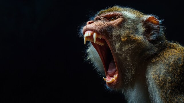 Close-up of a monkey yawning, showing teeth and gums against a black background.
