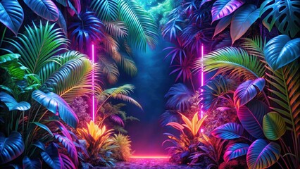 Vibrant AR neon jungle background with glowing flora ,  vibrant, AR, neon, jungle, background, glowing, flora, colorful