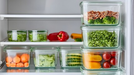 A neatly organized refrigerator showcasing fresh vegetables, fruits, and glass storage containers.