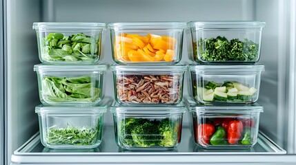 A neatly organized refrigerator showcasing fresh vegetables and fruits in glass containers, promoting healthy eating and meal prep.