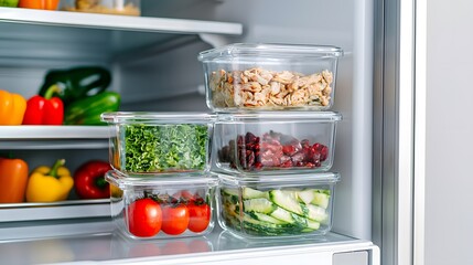A modern fridge filled with organized glass containers of fresh vegetables, fruits, and grains, showcasing healthy food storage.