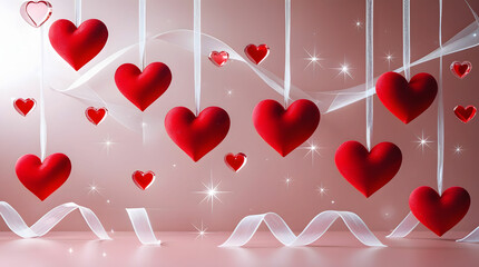 Hanging red hearts on pink background.