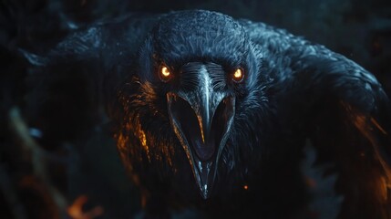Close-up of a raven with glowing eyes, open beak, and dark feathers in a dimly lit setting.