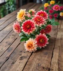 Bicolor dahlia flowers on a rustic wooden table, autumn, decoration
