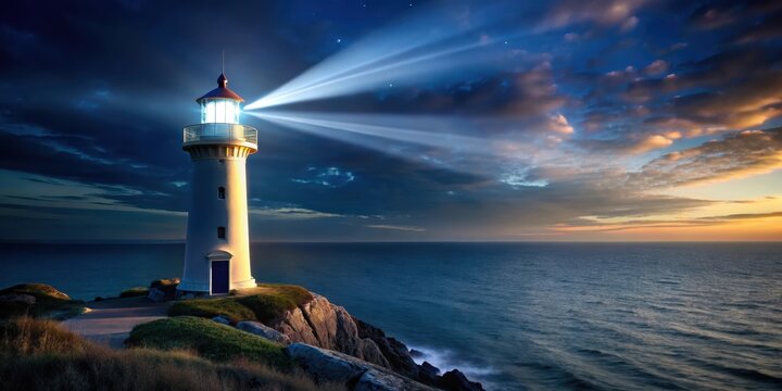 Seaside lighthouse with beam of light shining in night sky, seaside, lighthouse, beam, light, shining, night, sky