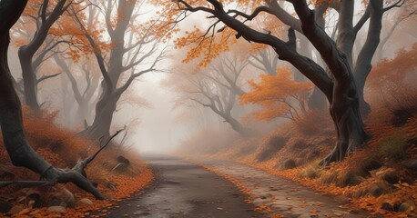 Foggy forest path lined with twisted tree branches and orange-brown leaves , autumn, forest