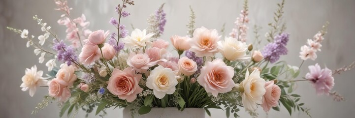 Soft focus floral arrangement with delicate brushstrokes and pastel shades, peaceful atmosphere , soft focus