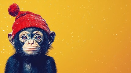 Obraz premium Sad Chimpanzee in Red Winter Hat Against Yellow Background
