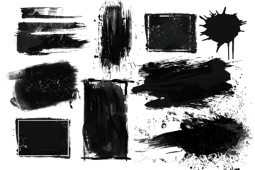 collection of black paint brush strokes or ink splatters on isolated background