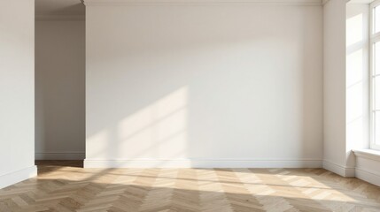 Sunlit Empty Room with Herringbone Floor and White Walls Ideal for Home Staging