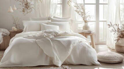 Calm Bedroom Interior with White Linen Bedding and Dried Flowers