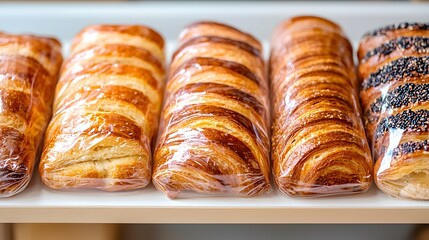 Freshly baked pastries neatly arranged, showcasing various textures and toppings, ideal for...