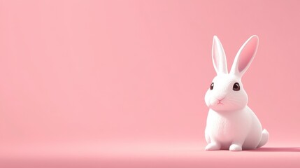 Obraz premium Cute White Bunny Sitting on Pink Background - Easter Minimalist Design