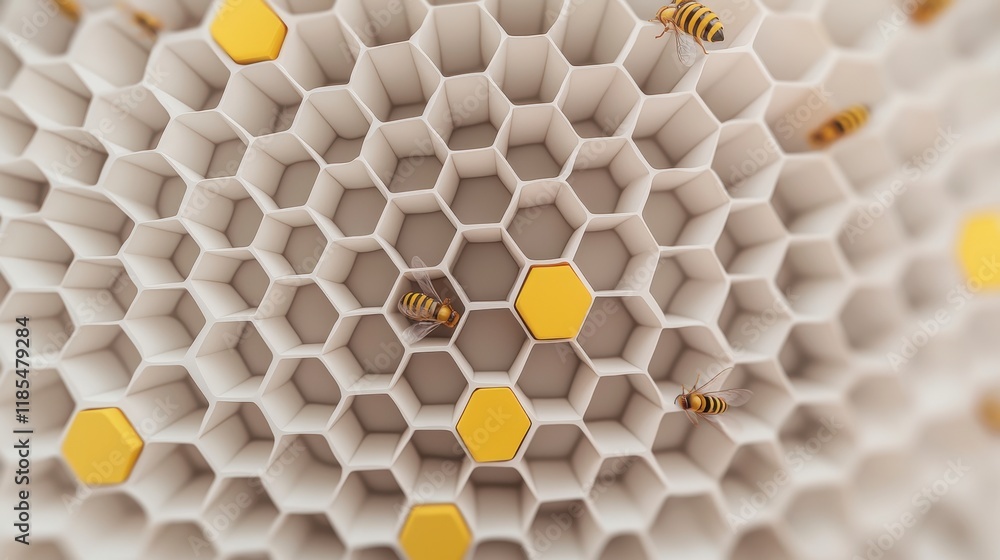 Poster honeycomb structure with bees abstract 3d background