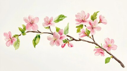 Pink blossom branch watercolor painting, spring floral design, white background, greeting card