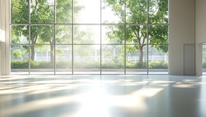 Fototapeta premium Sunlit modern interior with large windows overlooking green trees.