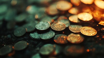 Pile of Antique Coins Close-Up, Dark Moody Treasure