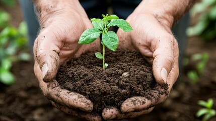 Tender Seedling Held in Calloused Hands: A Rustic, Hopeful Image