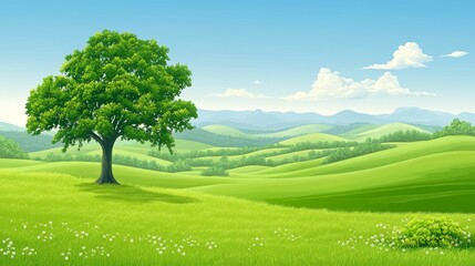 Fototapeta premium Solitary tree on a vibrant green hillside under a bright blue sky