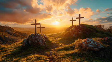 Sunset crosses hillside landscape religious faith hope serenity