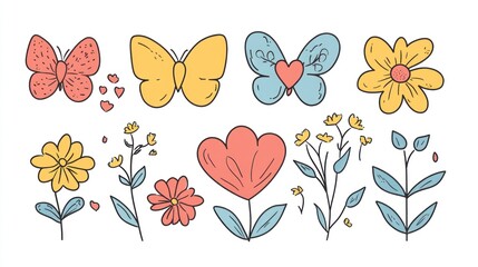 Spring flowers, butterflies, hearts, design elements, white background, crafting