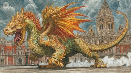 Fototapeta premium A majestic, golden dragon dominates a city square, exuding power and mythical presence