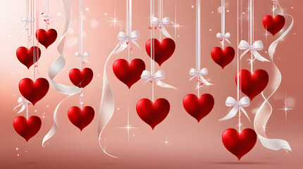 Hanging red hearts on light pink-red background.