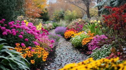 A Stone Pathway Through A Vibrant Garden