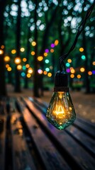 Glowing Edison Bulb  Fairy Lights  Park Bench  Night  Bokeh