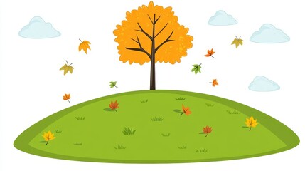 A solitary autumn tree on a small hill with falling leaves