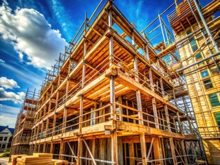 Raw timber scaffolding climbs a skeletal building frame, sunlight etching shadows on unfinished concrete.
