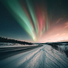 Fototapeta premium Magical Aurora Borealis over Snowy Road Winter Night Landscape