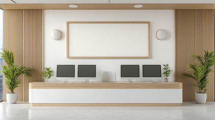 Modern office reception area with computers and plants