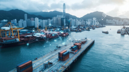 Futuristic industrial pier view with cityscape, cargo ships, and technology