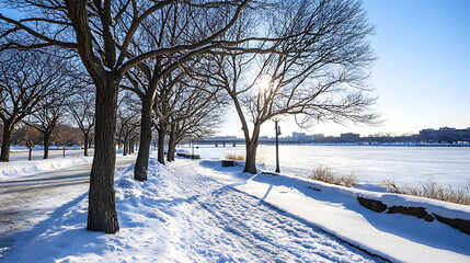 Obraz premium A snowy park with a river in the background. generated using AI