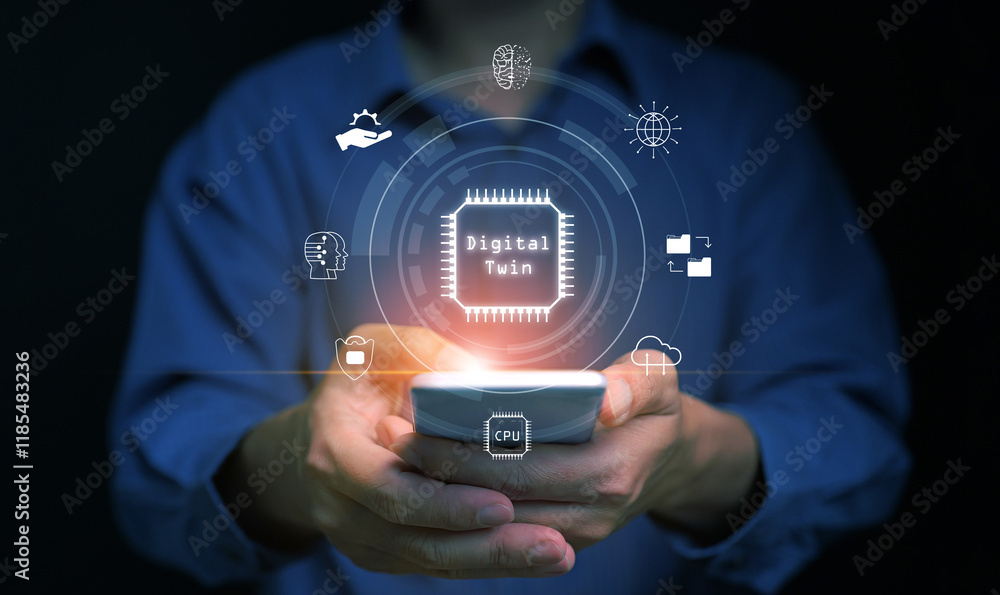 Poster digital twin concept. industrial manufacturing automation technology. a man with his smartphone oper