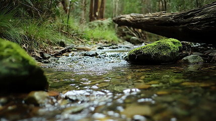 Fototapeta premium A stream with a rock in it and some moss growing on it. generated using AI