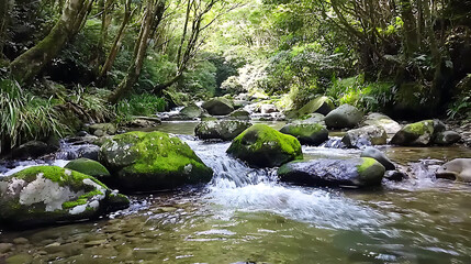 A stream of water flows through a forest with moss growing on the rocks. generated using AI