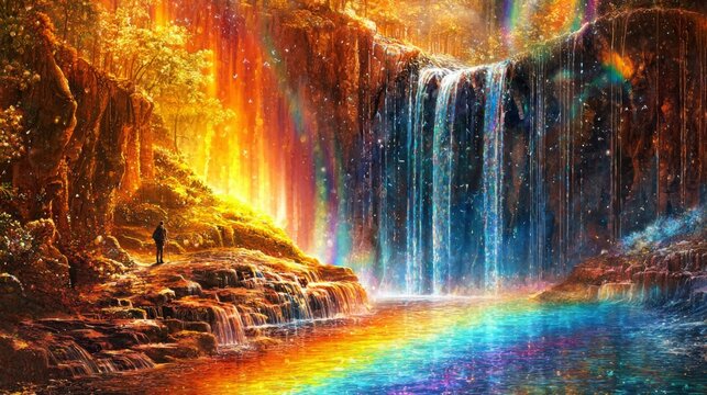 Magical Rainbow Waterfall Scene Person Hiking in Enchanting Fantasy Forest Landscape