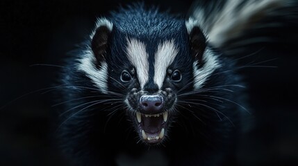 Close-up of a snarling skunk with dark fur and white markings.