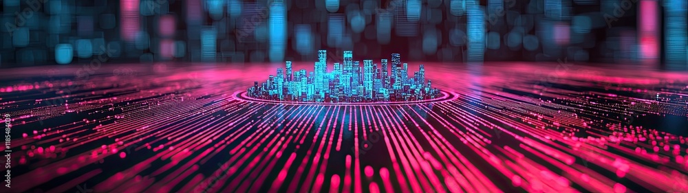 Poster vibrant digital landscape with glowing nodes and flowing lines, representing data connectivity and t