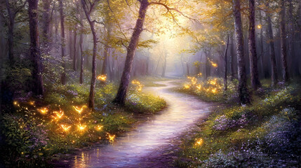Obraz premium Enchanting forest path, glowing fireflies, tranquil stream, sunlit canopy, magical background, ideal for fantasy or nature themed projects
