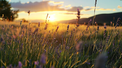 A field of purple flowers with a sun in the sky. generated using AI