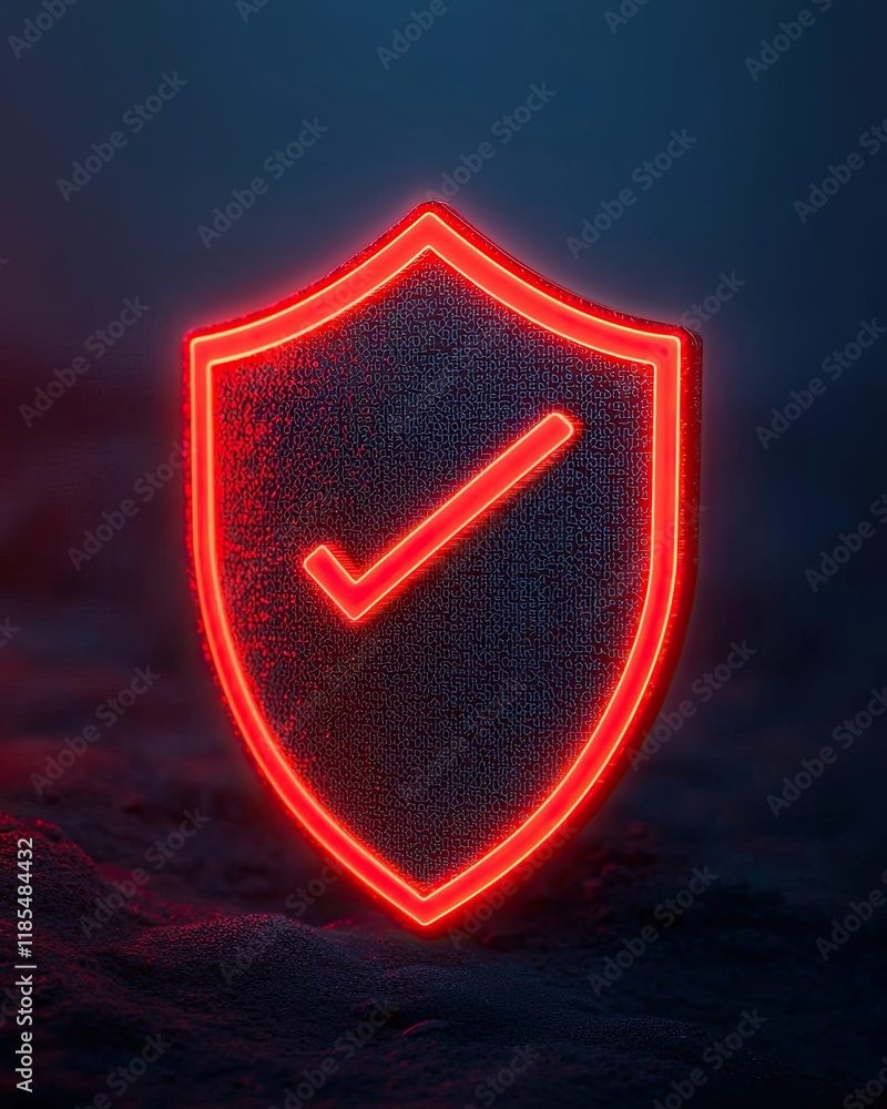 Aufkleber neon shield icon with a check mark, symbolizing security and protection against threats in a digital