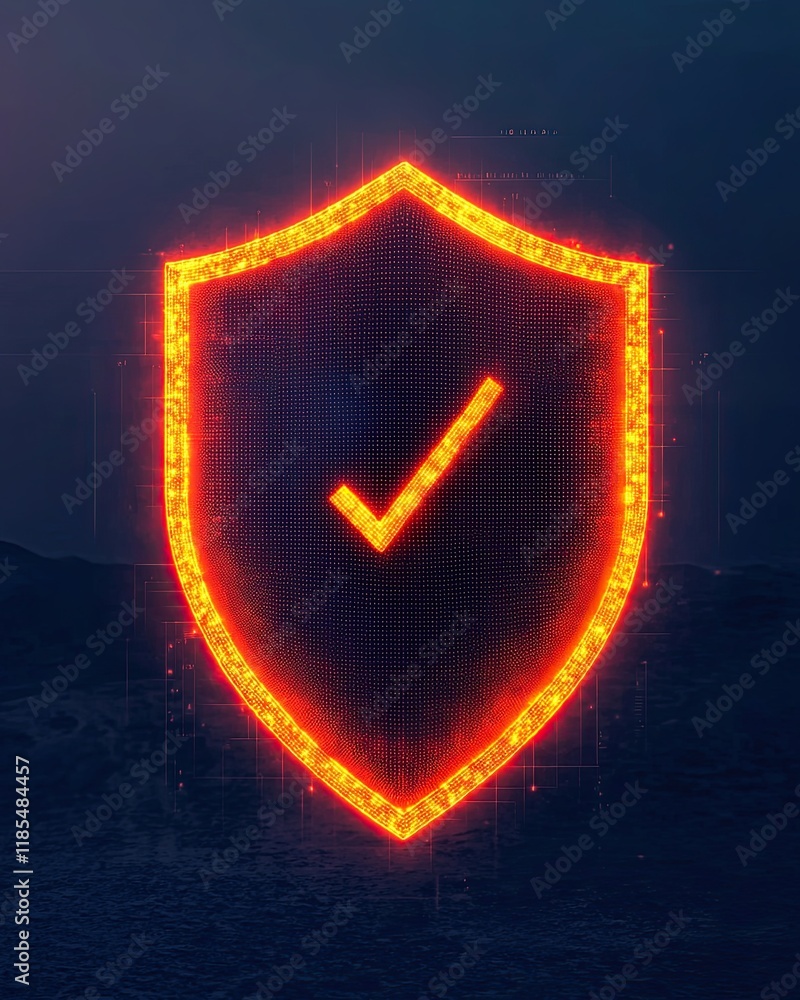Poster glowing digital shield symbolizing security with a checkmark, representing protection and trust in t