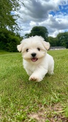 Playful Puppy Frolicking in a Lush Green Park Under a Cloudy Sky