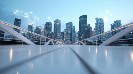 modern city skyline with futuristic bridge and digital network nodes